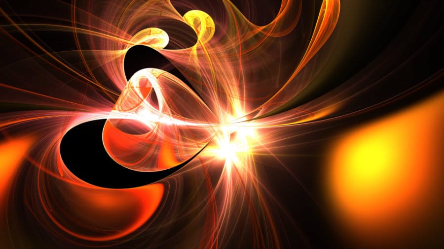A bright, dynamic abstract fractal image in a fire and solar flare color palette of orange, yellow, and red. Glowing tendrils spiral around a central blinding white flash of light, creating a sense of intense energy and motion.