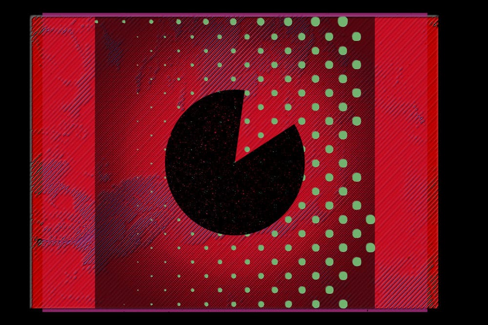 A silhouette of a cackling Pac-Man-esque figure sits in contrast to a wave of green orbs.